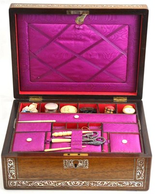 Lot 291 - Inlaid rosewood sewing box and contents