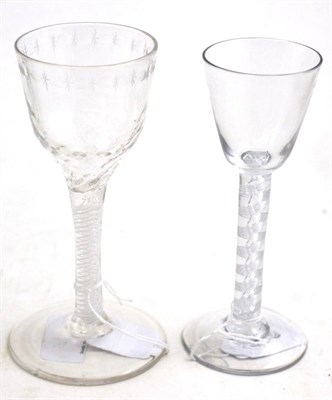 Lot 298 - Two late 18th century glasses, one with double series opaque twist stem and engraved bowl, the...