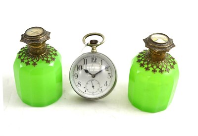 Lot 300 - Pair of green opaline glass scent bottles and stoppers with hinged metal mounts, inset with...