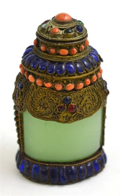 Lot 305 - Tibetan jade snuff or perfume bottle, set with coral