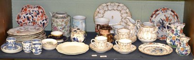 Lot 326 - Shelf of assorted porcelain and pottery including white and gilt tea service, Wedgwood pottery,...