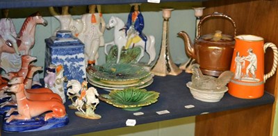 Lot 335 - Assorted Staffordshire figure groups, greyhound inkwells, decorative ceramics and a box of assorted