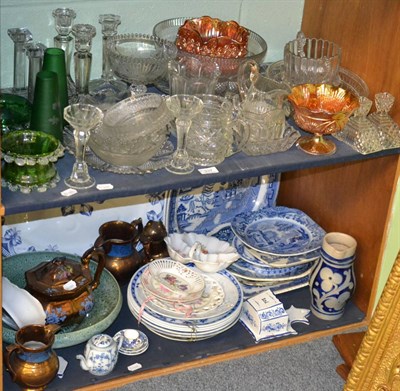 Lot 337 - Blue and white meat well dish, blue and white pottery, copper lustre, press moulded and...