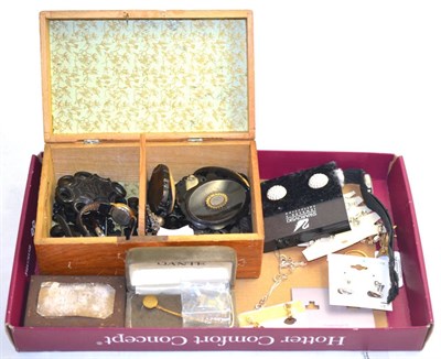 Lot 341 - A small collection of Whitby jet in wooden box together with a small selection of costume jewellery