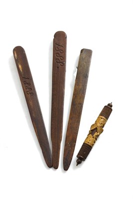 Lot 372 - Two similar late 19th century knitting sticks initialled 'JEH' 'MAH' and two other items