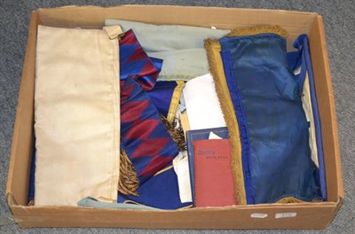 Lot 375 - Seven Masonic aprons, miscellaneous collars gloves and jewels