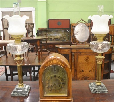 Lot 384 - Pair of Corinthian column oil lamps on stepped marble bases