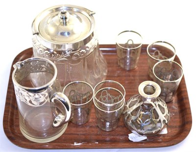 Lot 408 - Silver mounted glass biscuit jar and cover, liqueur set with silver mounts to the jug and...