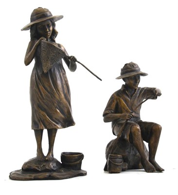 Lot 425 - Modern bronze limited edition figure of a young girl with a fishing net and another of a young...