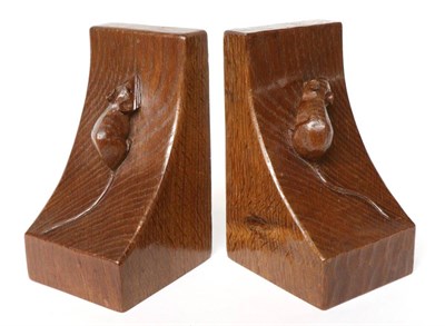 Lot 726 - Mouseman: A Pair of Robert Thompson Single Mouse English Oak Bookends, each with carved mouse...