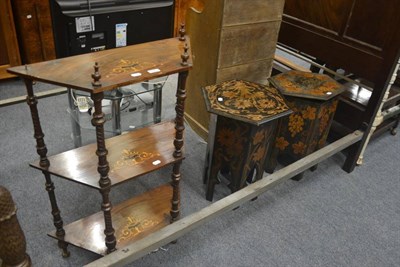 Lot 535 - A poker-work occasional table, another similar and a walnut inlaid whatnot