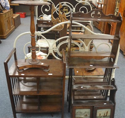 Lot 537 - Mahogany tripod occasional table, two wall mounted shelves and two oak open bookcases