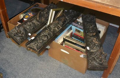 Lot 545 - Three carved oak panels and two boxes of assorted volumes including antique reference