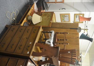 Lot 549 - Oak firescreen with woolwork insert, three oak stools, waste paper basket, child's chair,...