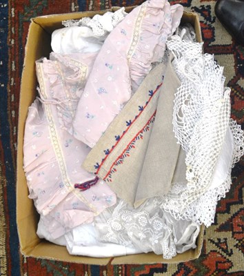 Lot 569 - Assorted Victorian and later white cotton undergarments, lace trims, linens etc (one box)