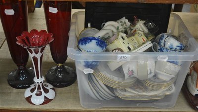 Lot 570 - A quantity of ceramics and glass including a ruby flash glass lustre (drops lacking) and a pair...