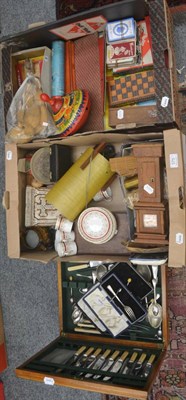 Lot 575 - Two boxes including vintage toys, miniature longcase clock, coffee cans etc. together with an...