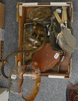 Lot 579 - Gas bracket and shade, copper moulds, and hardstone balls and eggs (in one box)