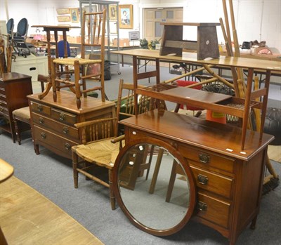 Lot 601 - Two spindle back rush seated chairs, tripod table, mahogany dining chair, two mahogany chest of...