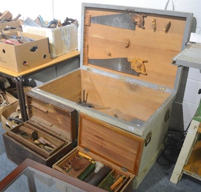 Lot 609 - A large wooden carpenters tool box and a collection of wood working tools including chisels,...