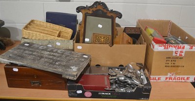 Lot 629 - Assorted modern and plated flatware, wall mirror, hardwood stands, hinged boxes, metalwares,...