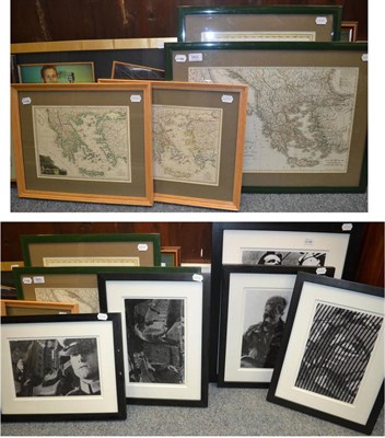 Lot 663 - Four framed maps of Greece, quantity of modern black framed prints, a Johnny Wilkinson...