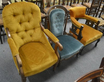 Lot 730 - Victorian mahogany open armchair, an Edwardian tub armchair and a carved walnut framed nursing...