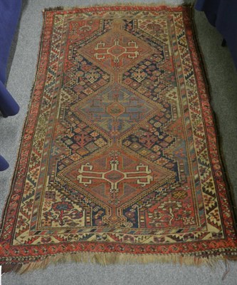 Lot 788 - Kashgai rug, South West Persia, The indigo fields with three stepped medallions enclosed by...