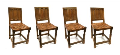 Lot 757 - Sid Pollard of Bagby: Four Panel Back Dining Chairs, lattice leather seats, on octagonal front...