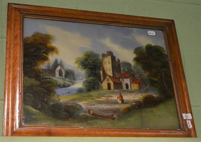 Lot 810 - A framed reverse painting on glass of a church scene