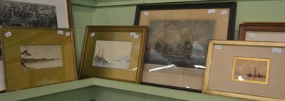 Lot 820 - Paul Marny, shipping scene, signed watercolour together with two further shipping watercolours...