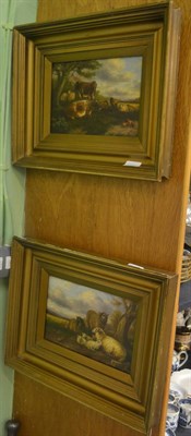 Lot 838 - A pair of oil on board pictures depicting sheep within a landscape, unsigned