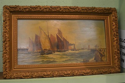 Lot 853 - British School (19th century), harbour scene with boats in choppy seas, oil on panel