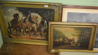 Lot 859 - E Griffiths, figures and shire horse in a village, signed and dated 1911, oil on canvas;...