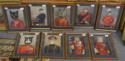 Lot 861 - A group of nine military prints with watercolour faces of cats