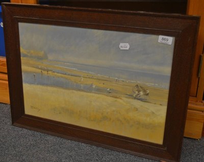 Lot 869 - Framed pastel of figures on a beach, indistinctly signed