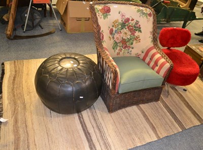 Lot 664A - Brown and cream woven Gaschghai kilim, a fabric upholstered caned chair, modern red chair and a...