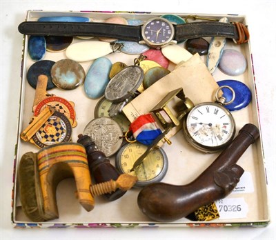 Lot 1 - Ruskin type pottery mounts, pocket watch, guinea scale, Sunday school badges etc