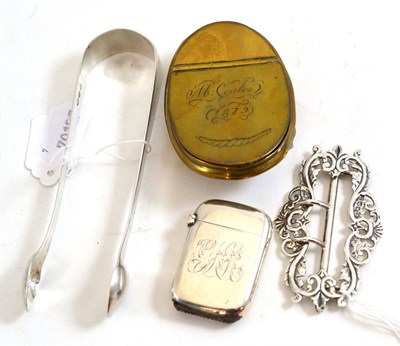 Lot 7 - Silver sugar nips, buckle, vesta and brass snuff box