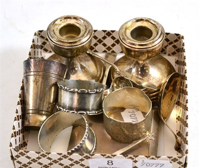 Lot 8 - Quantity of silver including caddy spoon, dwarf candlesticks, napkin rings etc