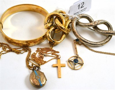 Lot 12 - Rolled gold bangle stamped 'R and W', 9ct pendant cross, brooches etc