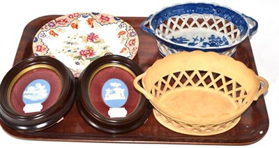 Lot 66 - Wilson caneware basket, pearlware basket, Spode pearlware plate and two Jasper plaques