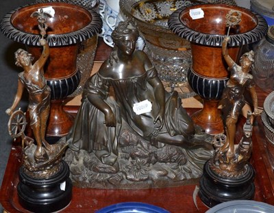 Lot 68 - A pair of reproduction urns, reproduction bronze figure and a pair of spelter figures