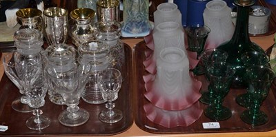 Lot 74 - Green decanter, set of shades, glasses, etc (on two trays)