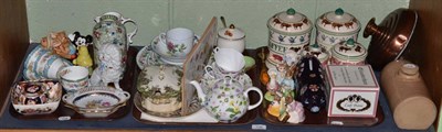 Lot 106 - A shelf of ceramics including Beswick Beatrix Potter figures and Bridgewater pottery etc