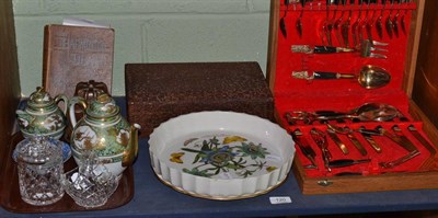 Lot 120 - Bone and bronze canteen, copper jelly mould, cricket book, Japanese dish, teapot and milk jug,...