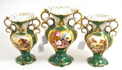 Lot 128 - Set of three English porcelain vases decorated with landscapes