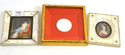 Lot 142 - Two portrait miniatures in piano-key frames and a framed Canova plaster medallion