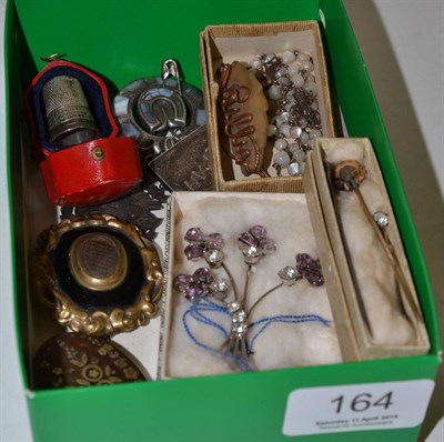 Lot 164 - Silver thimble, assorted brooches, stick pins etc