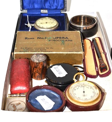 Lot 176 - Barometer (pocket), compass, pocket watch, gold pin, and other items